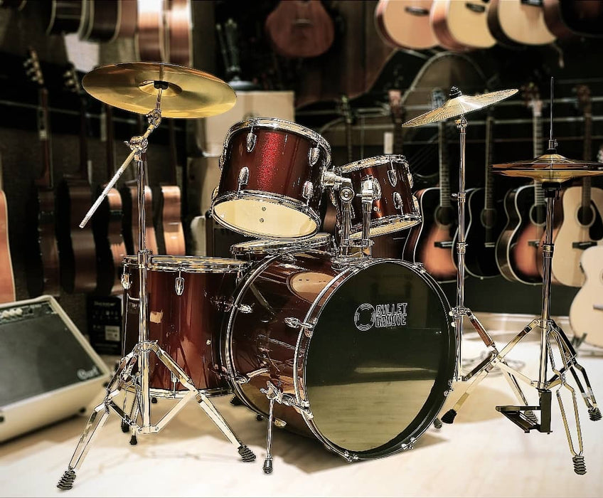 Bullet Groove Full Size Adult 5-Piece Acoustic Drum Set with Cymbals Stands,Stool and Drumsticks (Wine Red) *Crazy Sales Promotion* - Music Bliss Malaysia