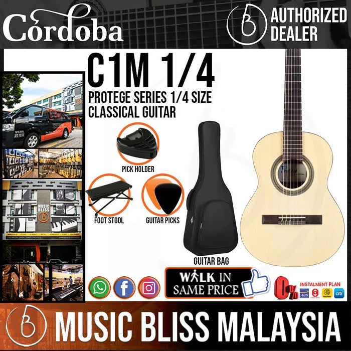 Cordoba Protege C1M 1/4 Size - Spruce Top, Mahogany Back & Sides, Entry Level Best Beginner Classical Guitar for Kids 5 - 6 Years Old, Small Size Beginners Classical Guitar - Music Bliss Malaysia