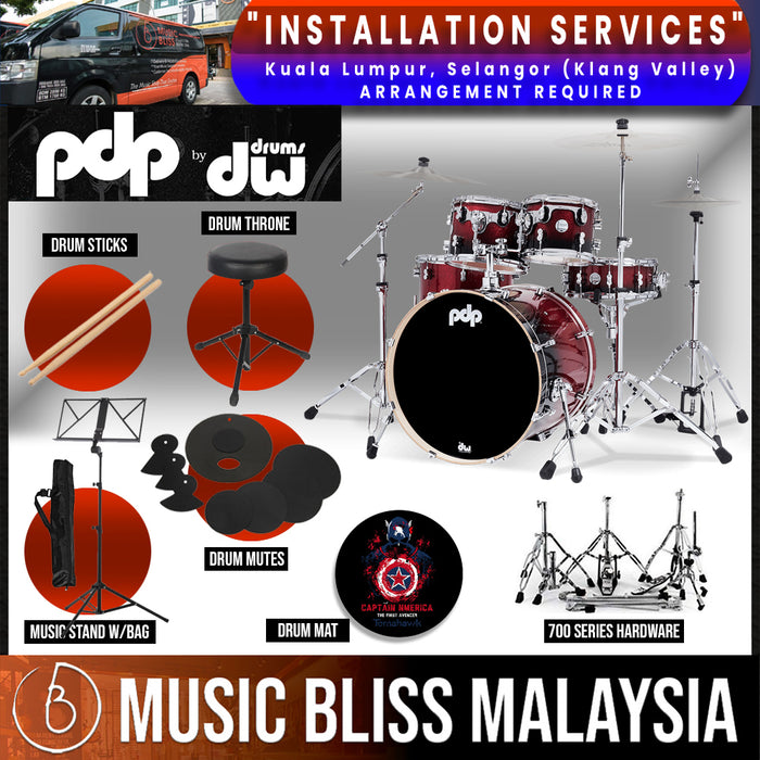 PDP by DW CM5 Concept Maple Shell Pack - 5-piece with 700/800 Series Hardware Pack - Red to Black Fade - Music Bliss Malaysia