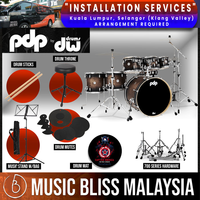 PDP by DW CM7 Concept Maple Shell Pack - 7-piece with 700/800 Series Hardware Pack - Satin Charcoal Burst - Music Bliss Malaysia