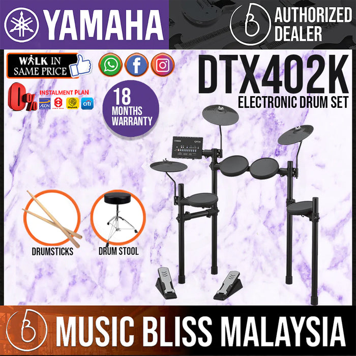 Yamaha Digital Drum DTX402K Electronic Drum Set with Stool and Drumsticks - Music Bliss Malaysia