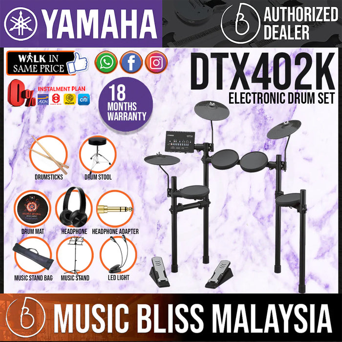 Yamaha Digital Drum DTX402K Electronic Drum Set with Headphone, Stool and Drumsticks - Music Bliss Malaysia