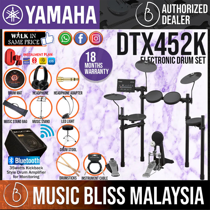 Yamaha Digital Drum DTX452K Electronic Drum Set with Amplifier, Headphone, Stool and Drumsticks - Music Bliss Malaysia