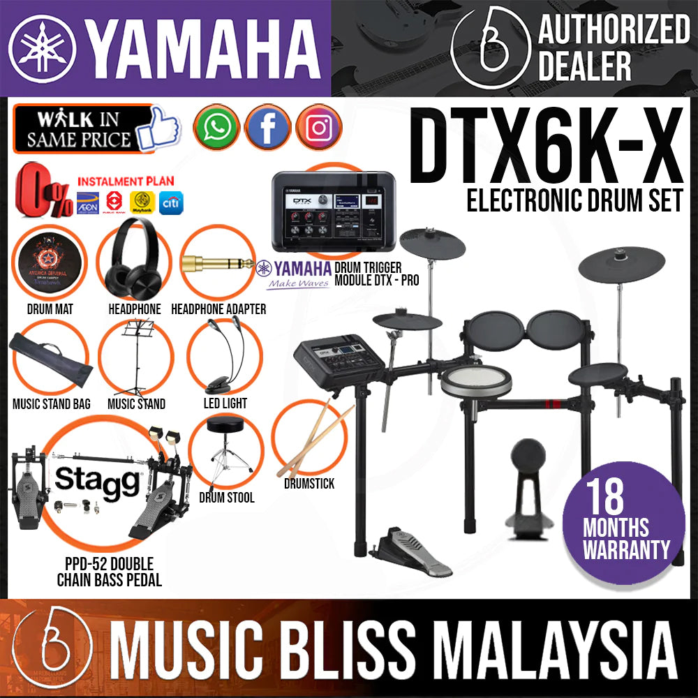 Yamaha DTX6KX Electronic Drum Set with STAGG PPD52 Double Pedal and Stool Music Bliss Malaysia
