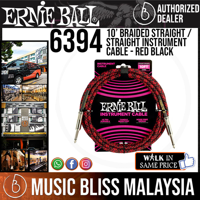 Ernie Ball 6394 10 Feet Braided Straight to Straight Instrument Cable - Red Black - Music Bliss Malaysia