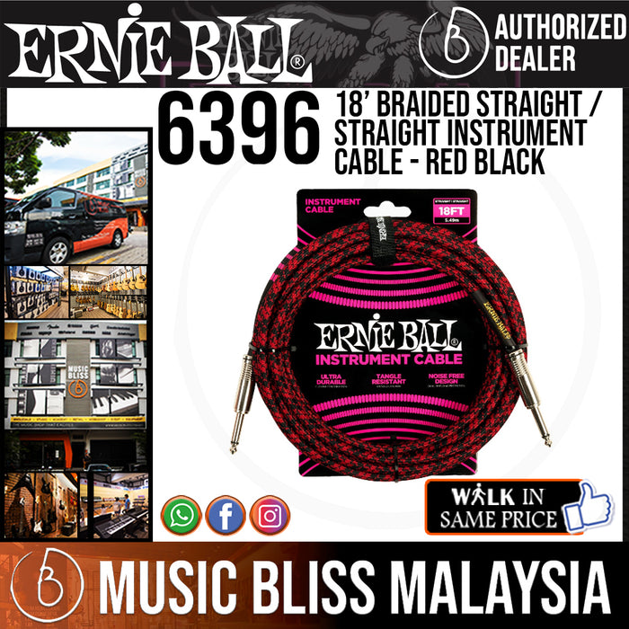 Ernie Ball 6396 18 Feet Braided Straight to Straight Instrument Cable - Red Black - Music Bliss Malaysia