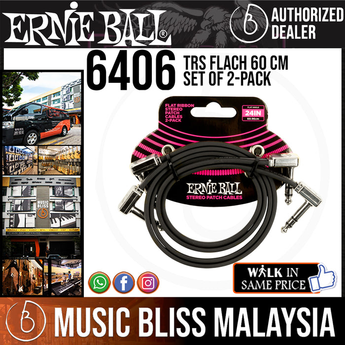 Ernie Ball 6406 24 Inch Flat Ribbon Stereo Right Angle to Right Angle Patch Cable - Black (2-pack) - Music Bliss Malaysia