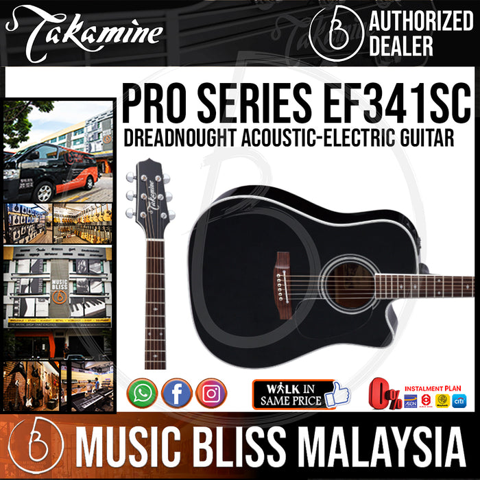 Takamine EF341SC - (Black) 6-string Dreadnought Cutaway Acoustic-Electric Guitar with Solid Cedar Top - Music Bliss Malaysia