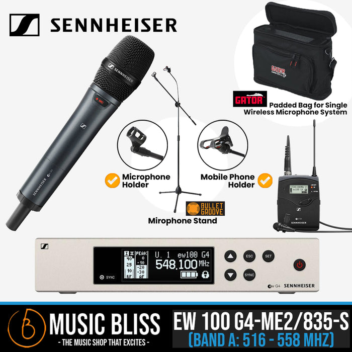 Sennheiser EW 100 G4-ME2/835-S Combo Wireless Handheld and Lavalier Microphone System - Music Bliss Malaysia