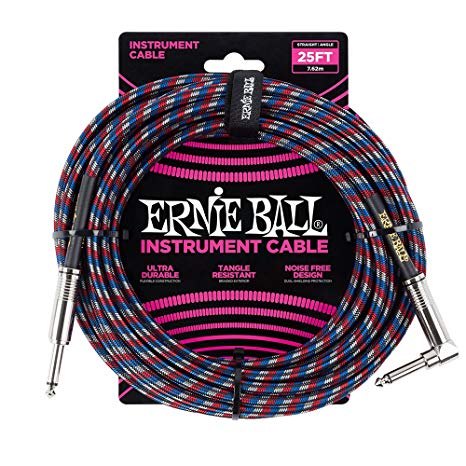 Ernie Ball 6063 25 Feet Braided Straight/Angle Instrument Cable - Red/White/Blue/Black (P06063) - Music Bliss Malaysia