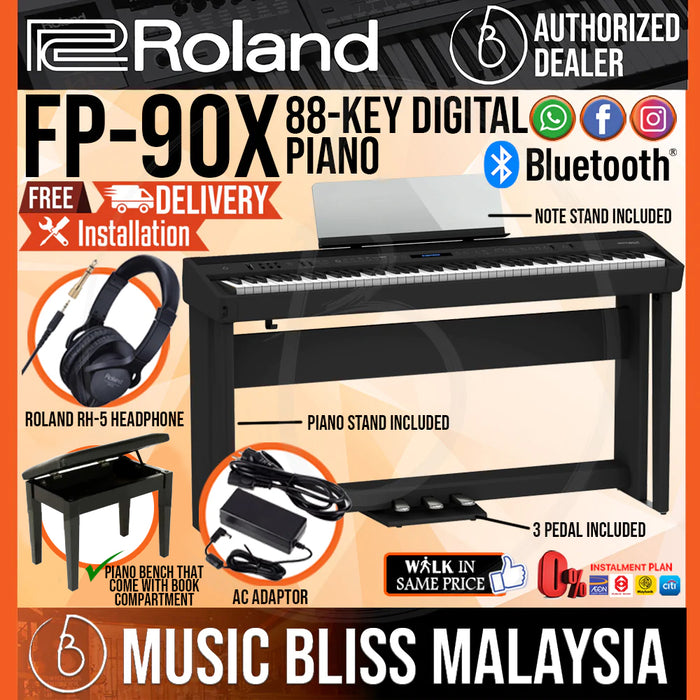 Roland FP-90X 88-key Digital Piano Home Package with Piano Bench, RH-5 Headphone, Pedals and Piano Stand - Black - Music Bliss Malaysia