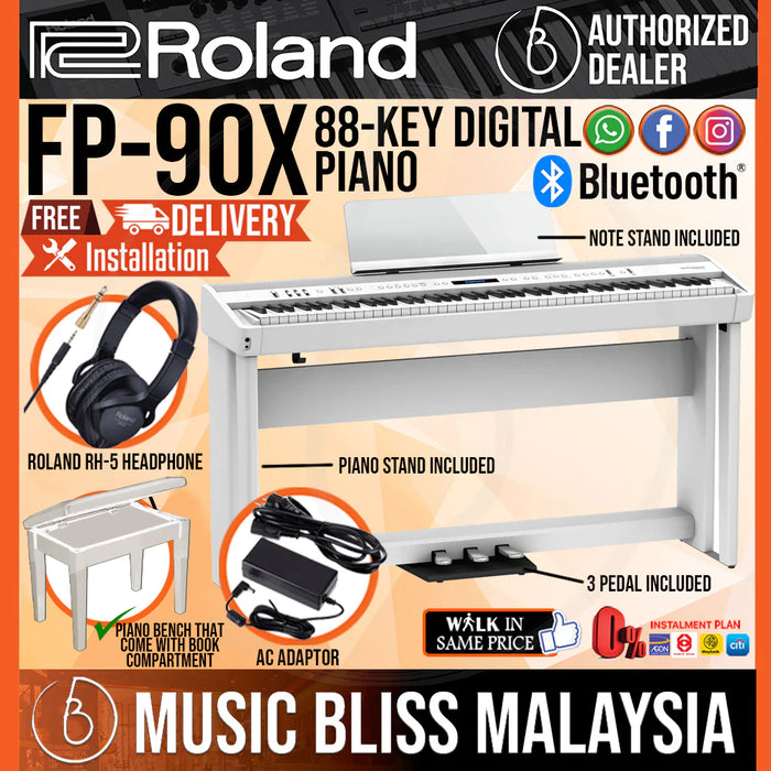 Roland FP-90X 88-key Digital Piano Home Package with Piano Bench, RH-5 Headphone, Pedals and Piano Stand - White - Music Bliss Malaysia