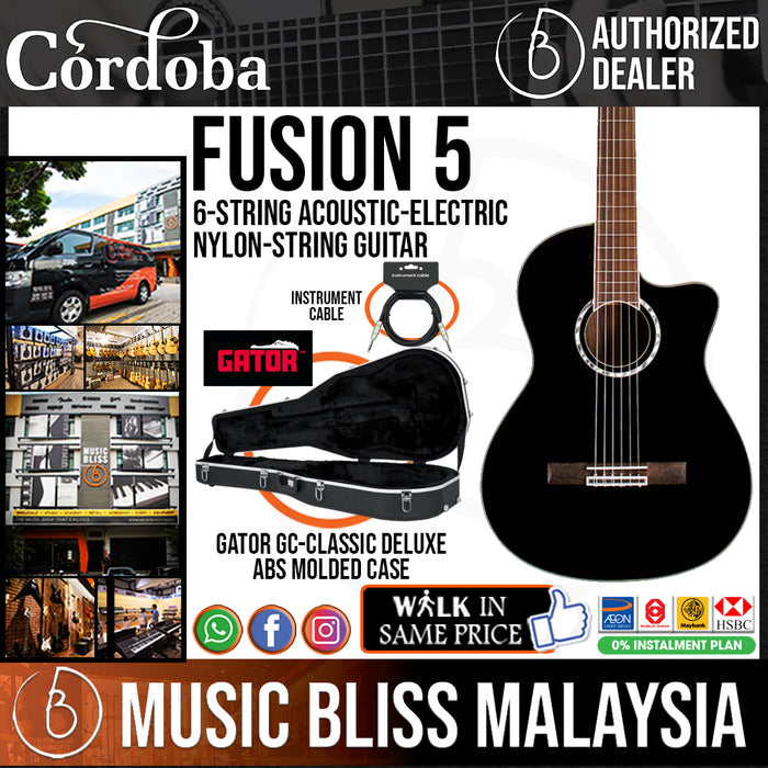 Cordoba Fusion 5 Acoustic Guitar - Jet Black with Gator Guitar Case - Music Bliss Malaysia