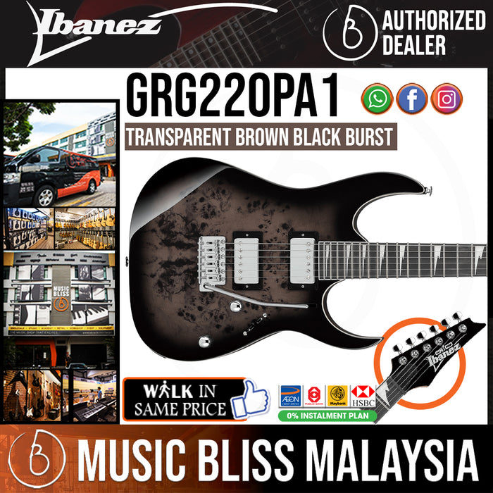 Ibanez GIO GRG220PA1 Electric Guitar - Transparent Brown Black Burst - Music Bliss Malaysia