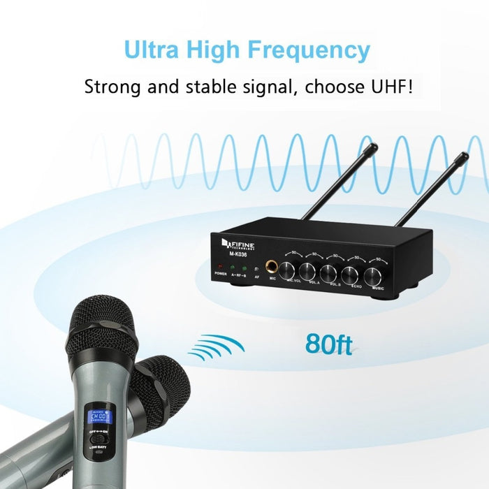 FIFINE K036 UHF Dual Channel Wireless Handheld Microphone, Vocal Microphone, Easy-to-use Karaoke Wireless Microphone System (K-036) - Music Bliss Malaysia