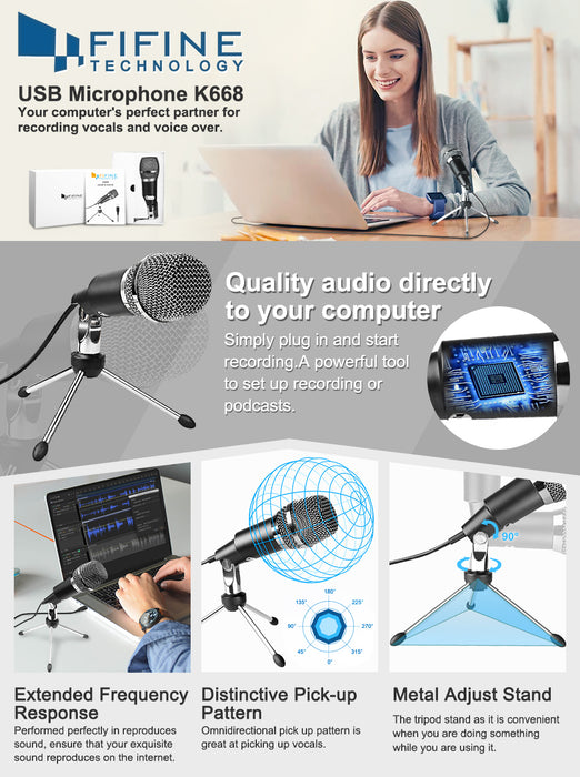 FIFINE K668 USB Microphone, Plug and Play Home Studio USB Condenser Microphone for Skype, Recordings for YouTube, Google Voice Search, Games-Windows or Mac (K-668) - Music Bliss Malaysia