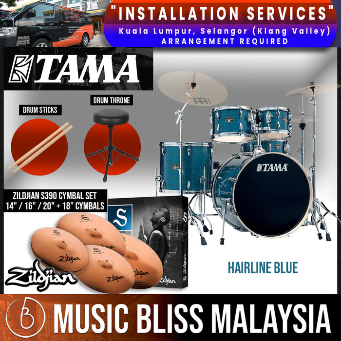 Tama Imperialstar 5-piece Drum Set with Drumsticks and Throne - 22" Kick - Hairline Blue - Music Bliss Malaysia
