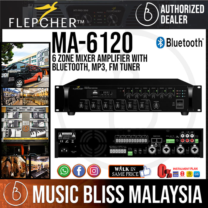 Flepcher MA-6120 6 Zone Mixer Amplifier with Bluetooth, MP3, FM Tuner (MA6120 / MA 6120) - Music Bliss Malaysia