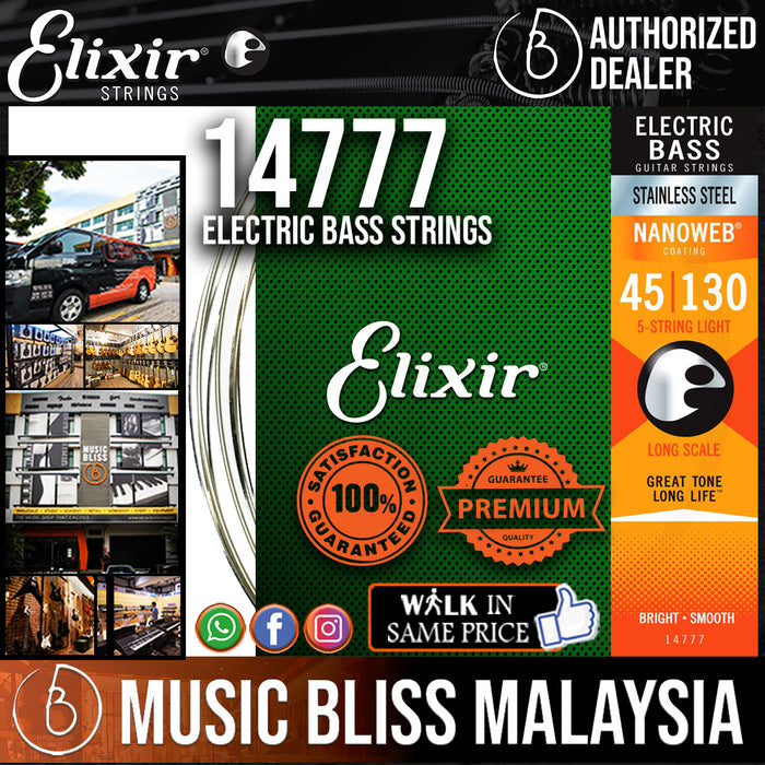 Elixir Strings Nanoweb Light Long Scale 5-String Electric Bass Strings .045-.130 - Music Bliss Malaysia