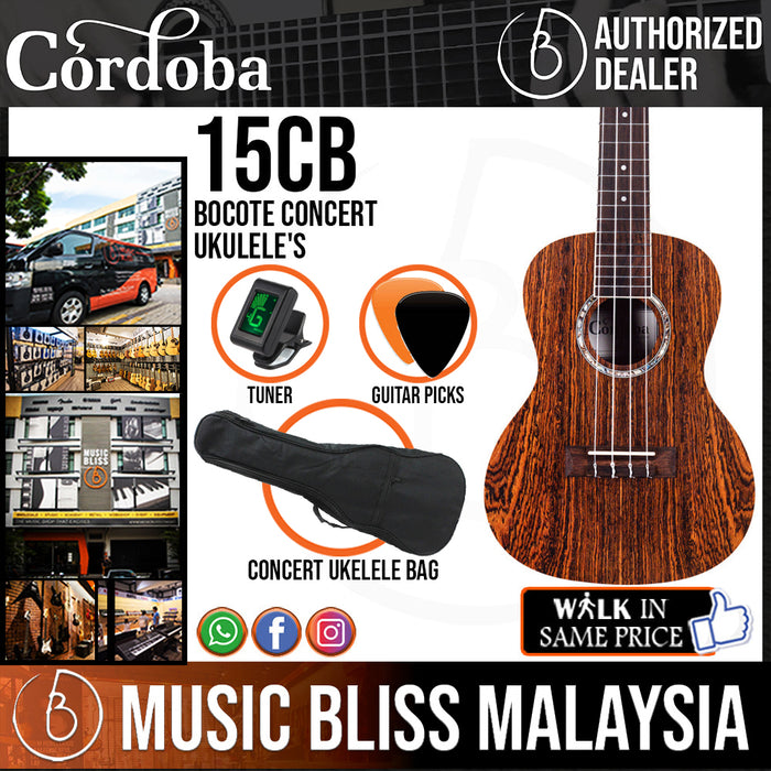 Cordoba 15CB Bocote Concert Ukulele - Bocote Top, Bocote Back & Sides (FREE Gator Bag) - Music Bliss Malaysia