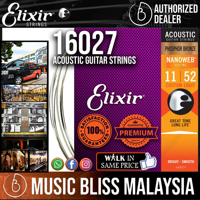Elixir Strings Nanoweb Phosphor Bronze Acoustic Guitar Strings .011-.052 Custom Light - Music Bliss Malaysia