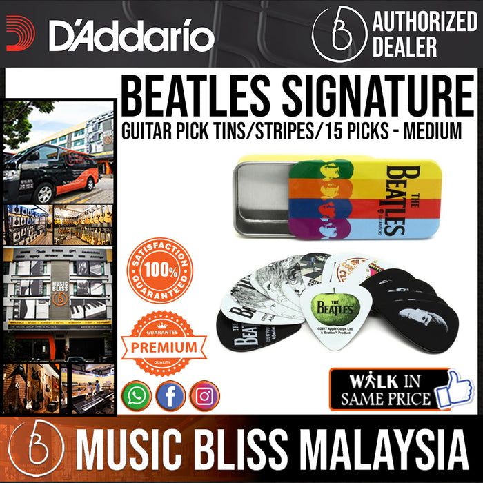D'Addario Beatles Signature Pick-Tin, Stripes, 15 Picks, Medium (1CAB4-15BT2) - Music Bliss Malaysia
