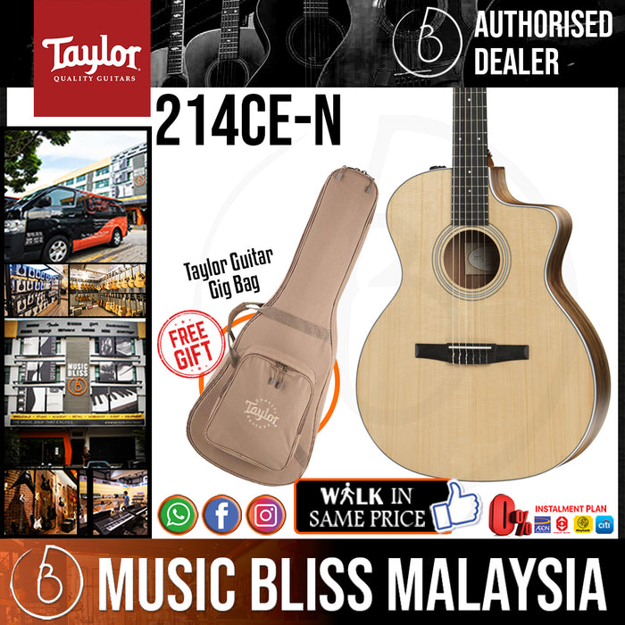 Taylor 214ce-N Nylon Acoustic-Electric Guitar with Bag - Natural (214ceN / 214ce N) *Crazy Sales Promotion* - Music Bliss Malaysia