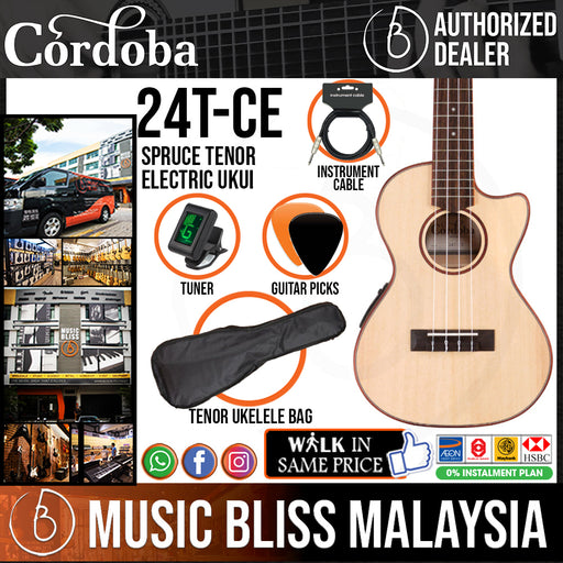 Cordoba 24T-CE Spruce Tenor Electric Ukulele - Spruce Top, Maple Back & Sides (FREE Gator Bag) - Music Bliss Malaysia