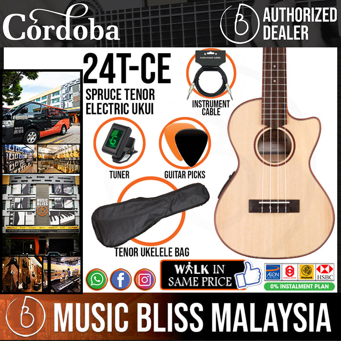 Cordoba 24T-CE Spruce Tenor Electric Ukulele - Spruce Top, Maple Back & Sides (FREE Gator Bag) - Music Bliss Malaysia
