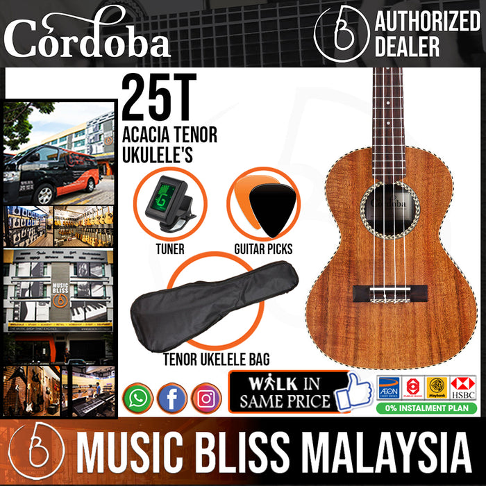 Cordoba 25T Acacia Tenor Ukulele - Solid Acacia Top, Figured Acacia Back & Sides (FREE Gator Bag) - Music Bliss Malaysia