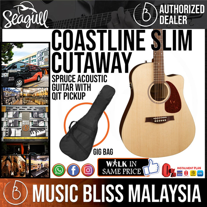 Seagull Coastline Slim Cutaway Spruce Acoustic Guitar with QIT Pickup and Gig Bag - Music Bliss Malaysia