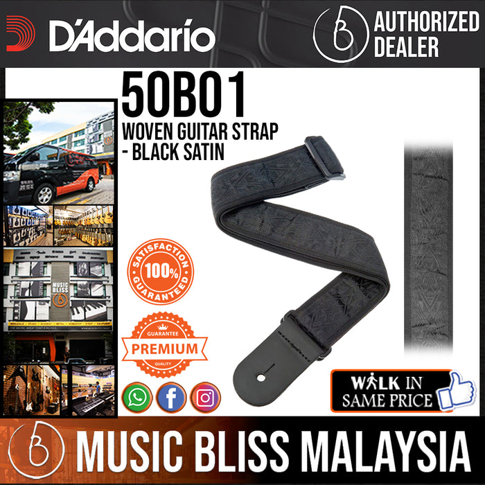 D'Addario 50B01 Woven Guitar Strap - Black Satin - Music Bliss Malaysia