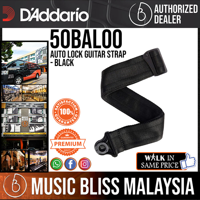 D'Addario 50BAL00 Auto Lock Guitar Strap - Black - Music Bliss Malaysia