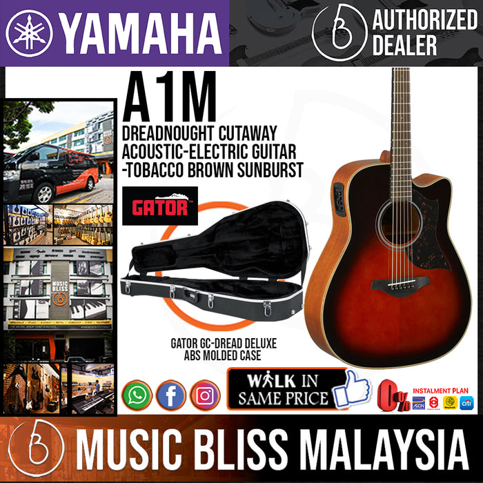Yamaha A1M Dreadnought Cutaway Acoustic-Electric Guitar with Gator GC-DREAD Molded Case - Tobacco Brown Sunburst - Music Bliss Malaysia