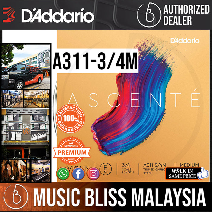 D'Addario A311 3/4M Ascenté Violin E String, 3/4 Scale, Medium Tension - Music Bliss Malaysia