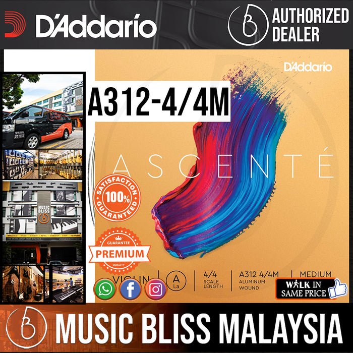 D'Addario A312 4/4M Ascenté Violin A String, 4/4 Scale, Medium Tension - Music Bliss Malaysia