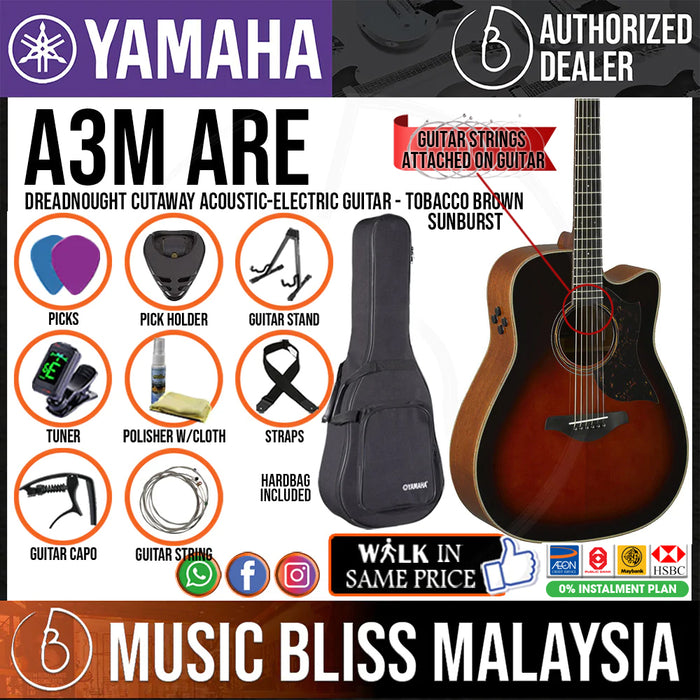 Yamaha A3M ARE Dreadnought Cutaway Acoustic-Electric Guitar with Hard Bag - Tobacco Brown Sunburst - Music Bliss Malaysia