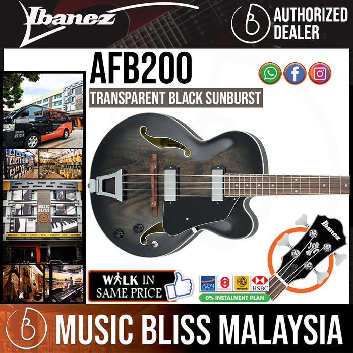 Ibanez Artcore AFB200 Hollowbody Bass Guitar - Transparent Black Sunburst - Music Bliss Malaysia