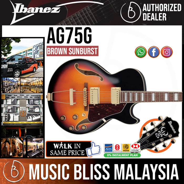 Ibanez Artcore AG75G Hollowbody Electric Guitar - Brown Sunburst - Music Bliss Malaysia