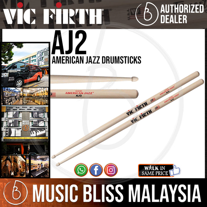 Vic Firth American Jazz Drumsticks - J2 - Wood Tip (AJ2) - Music Bliss Malaysia