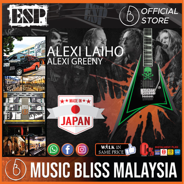 ESP Alexi Laiho Alexi Greeny - Black with Lime Green Pinstripe & Skull - Music Bliss Malaysia