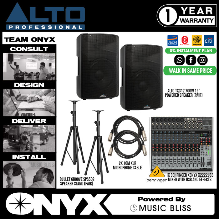 Live Band Package Behringer Xenyx X222 Mixer, Alto TX312 700 watts Powered Speakers with XLR cables and Speaker stands - Music Bliss Malaysia