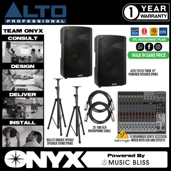 Live Band Package Behringer Xenyx X222 Mixer, Alto TX315 700 watts Powered Speakers with XLR cables and Speaker stands - Music Bliss Malaysia