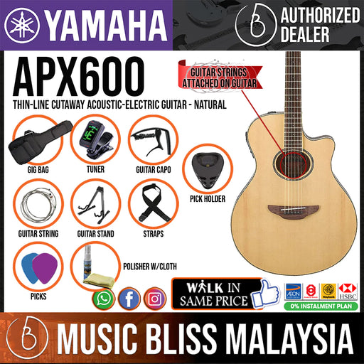 Yamaha APX600 Thin-line Cutaway Acoustic-Electric Guitar - Natural - Music Bliss Malaysia