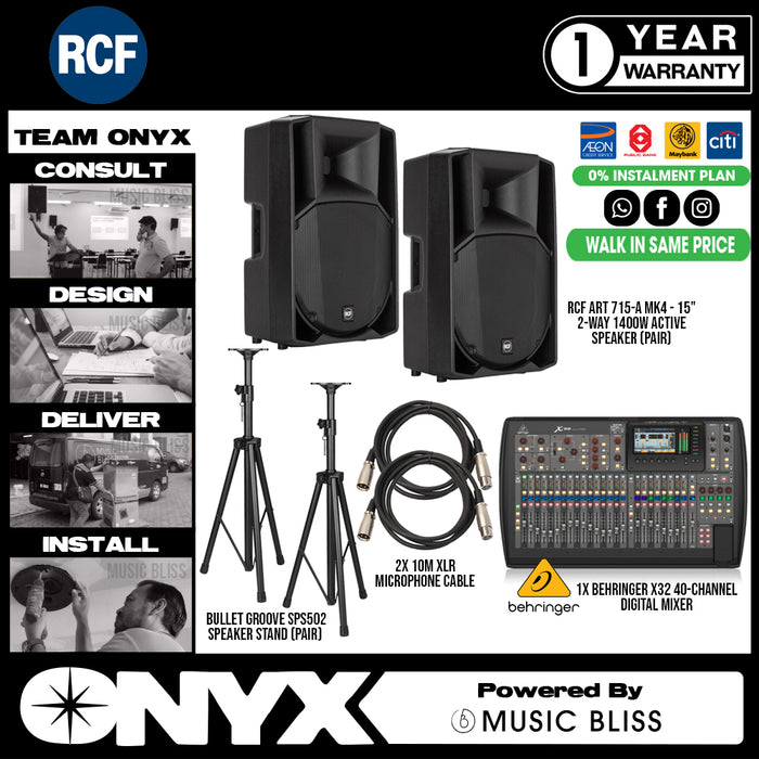 Live Band Package Behringer X32 Digital Mixer, RCF ART 715-A MK4 1400 watts Active Speakers with XLR cables and Speaker stands - Music Bliss Malaysia