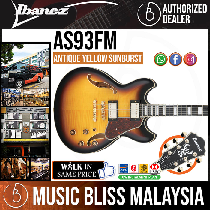 Ibanez Artcore Expressionist AS93FM Semi-Hollow Electric Guitar - Antique Yellow Sunburst - Music Bliss Malaysia