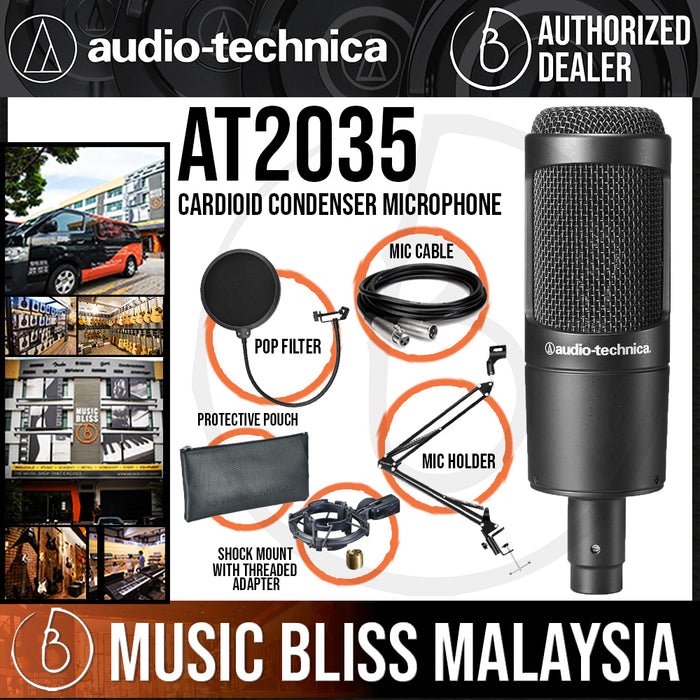 Audio Technica AT2035 Cardioid Condenser Microphone with Pop Filter, Mic Holder and 3m Cable (Audio-Technica AT-2035 / AT 2035) - Music Bliss Malaysia