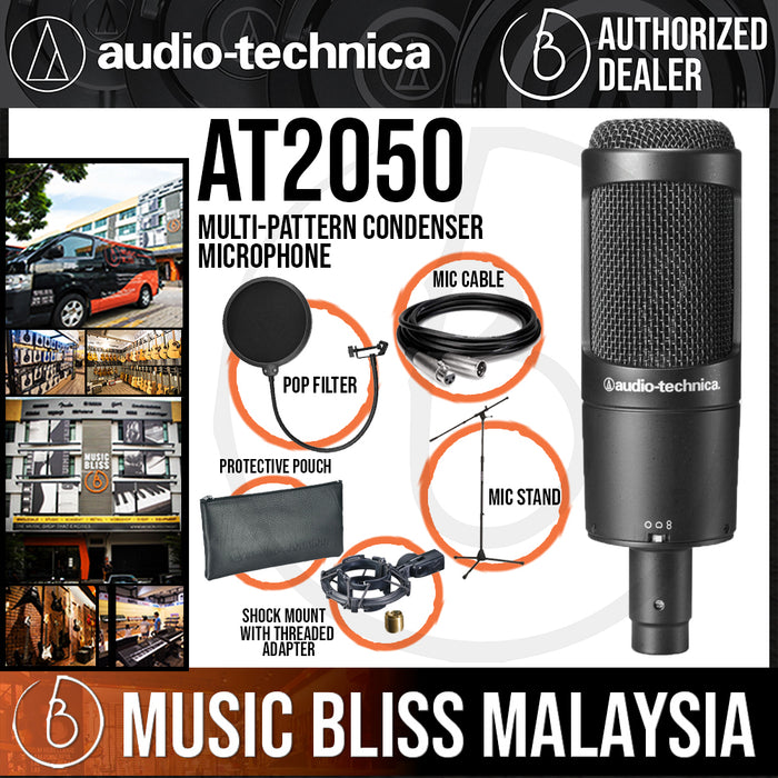 Audio Technica AT2050 Multi-pattern Condenser Microphone with with Mic Stand, Pop Filter and 3m Cable (Audio-Technica AT-2050 / AT 2050) *Crazy Sales Promotion* - Music Bliss Malaysia