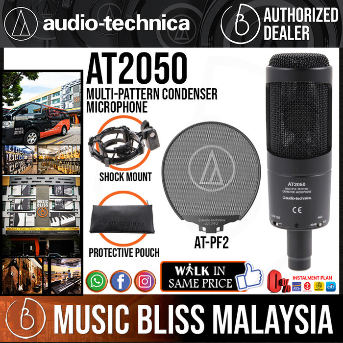 Audio Technica AT2050 Multi-Pattern Condenser Microphone with AT-PF2 Full Metal Pop Filter - Music Bliss Malaysia