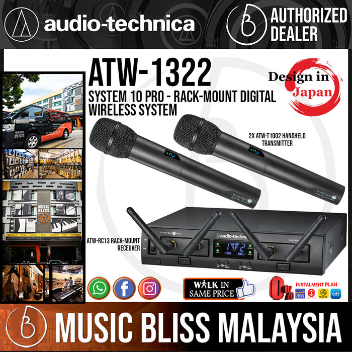 Audio Technica ATW-1322 System 10 Pro (Handheld Microphone System) with 2 Handheld Dynamic Microphone (Audio-Technica ATW1322) - Music Bliss Malaysia